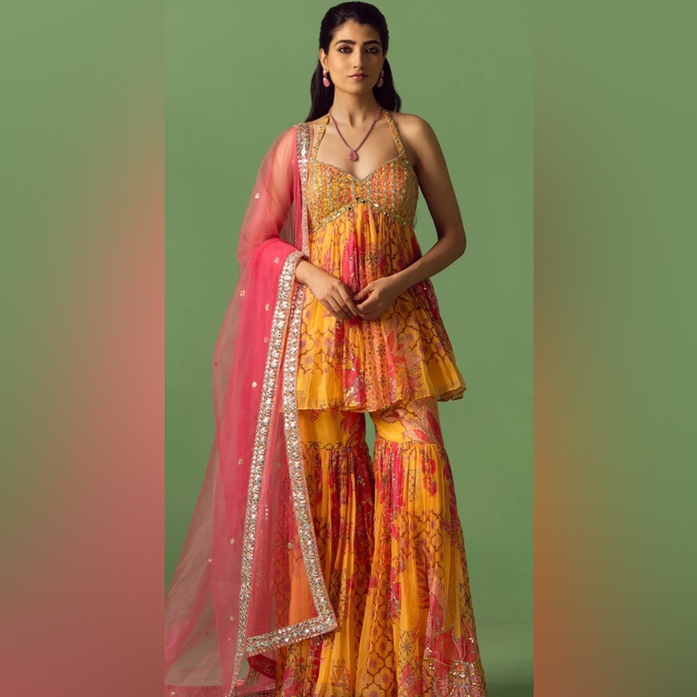 NWT Yellow and Pink Lashkaraa Floral Gharara